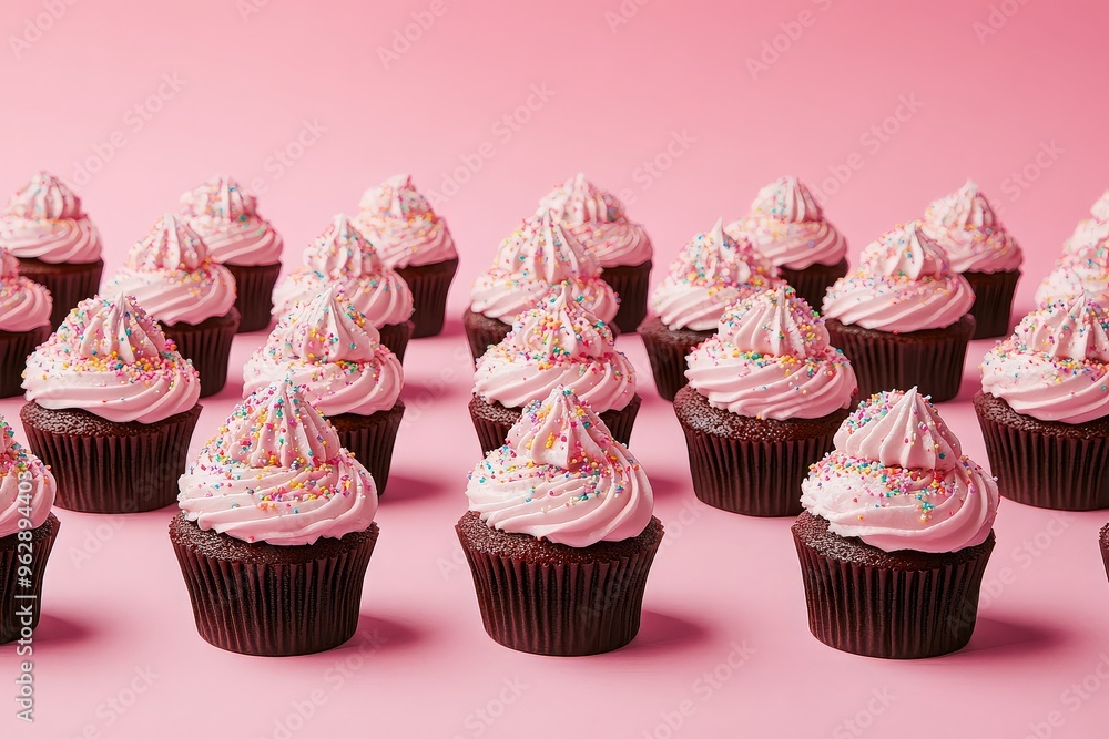 Chocolate cupcakes with pink frosting and sprinkles Chocolate cupcakes with pink frosting and sprinkles