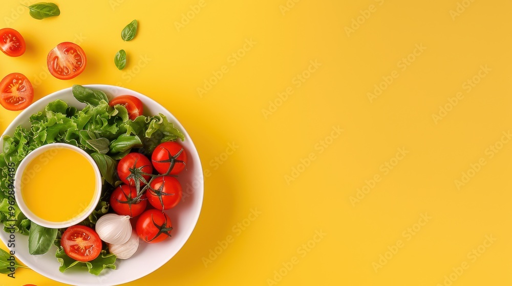 Fresh Salad Ingredients with Olive Oil on Yellow Fresh Salad Ingredients with Olive Oil on Yellow