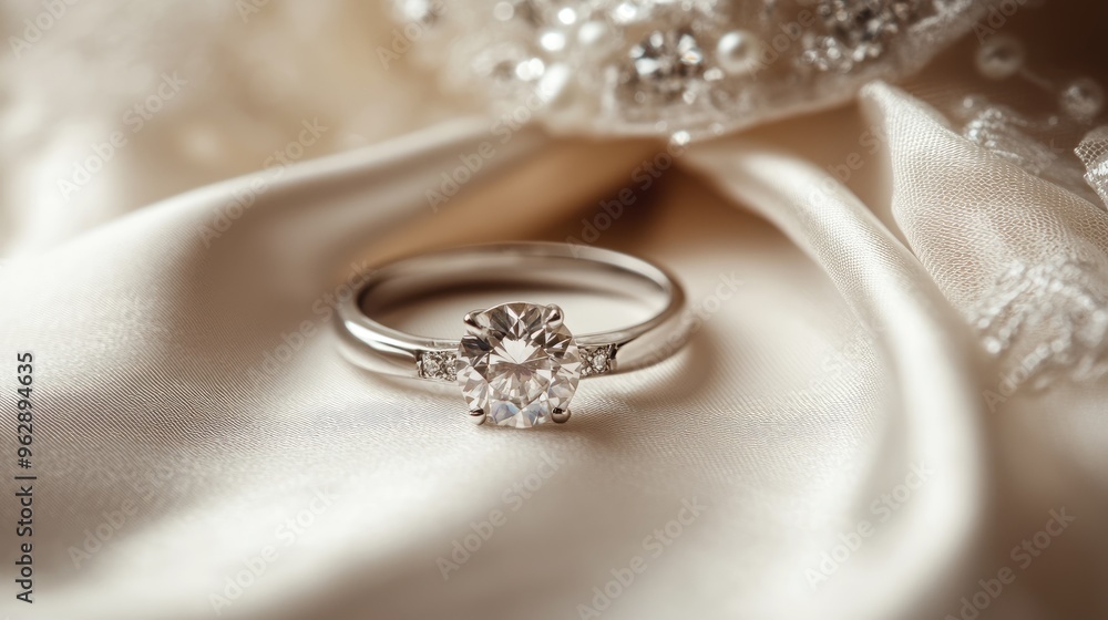 A gleaming engagement ring rests on the fabric of a wedding gown, symbolizing love and commitment. A gleaming engagement ring rests on the fabric of a wedding gown, symbolizing love and commitment.