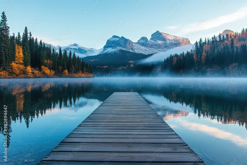 Wooden dock leading to misty lake with mountain reflections. Wooden dock leading to misty lake with mountain reflections.