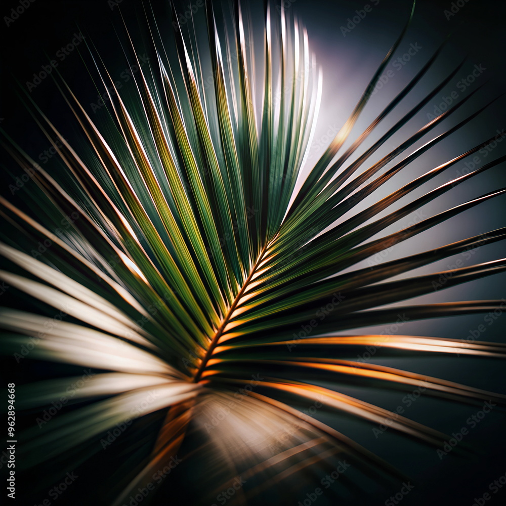 Obraz premium Palm leaf blured green gold black background. Poster. Floral card