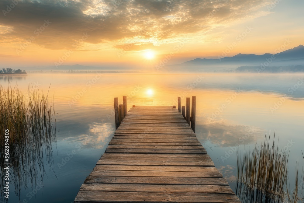 Wooden dock extends towards a sunrise over a foggy lake. Wooden dock extends towards a sunrise over a foggy lake.