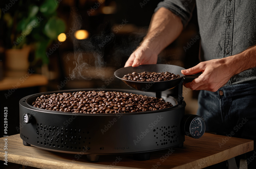 Barista weighing freshly roasted coffee beans in a coffee shop Barista weighing freshly roasted coffee beans in a coffee shop