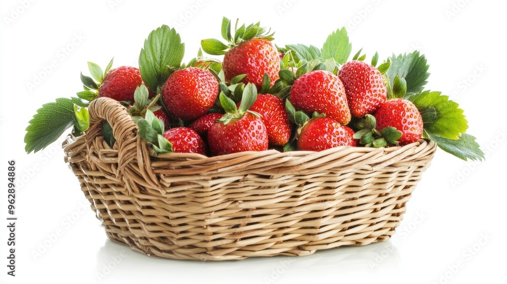 Fresh Red Strawberries in a Wicker Basket with Green Leaves Fresh Red Strawberries in a Wicker Basket with Green Leaves