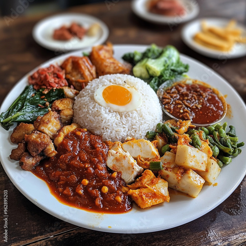 Authentic Nasi Lemak with Ayam Berempah and Sambal, Malaysian Cuisine photo