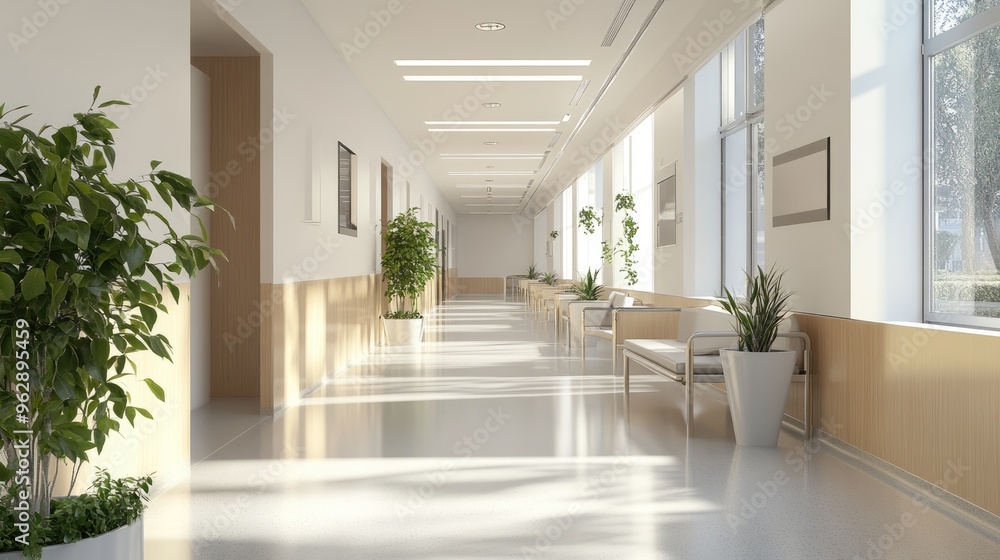 Fototapeta premium A modern hospital corridor with a bright, serene waiting area offering comfort and calm to patients.