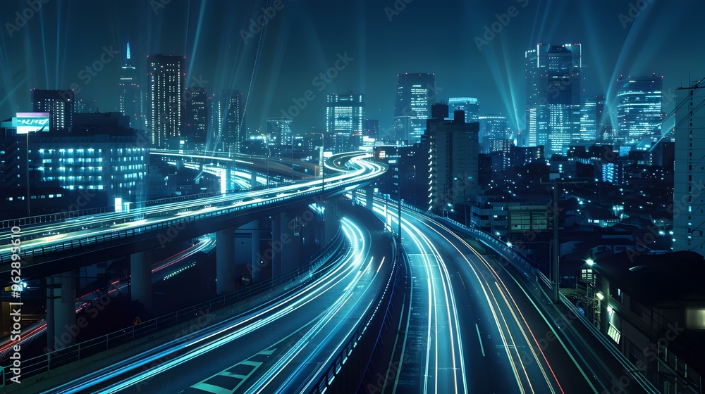 Fototapeta premium Night Cityscape with Traffic Lights and Skyline