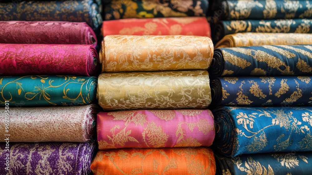 Neatly stacked silk fabric rolls in a colorful array in an Indian textile shop, reflecting the beauty of traditional fabrics. Neatly stacked silk fabric rolls in a colorful array in an Indian textile shop, reflecting the beauty of traditional fabrics.