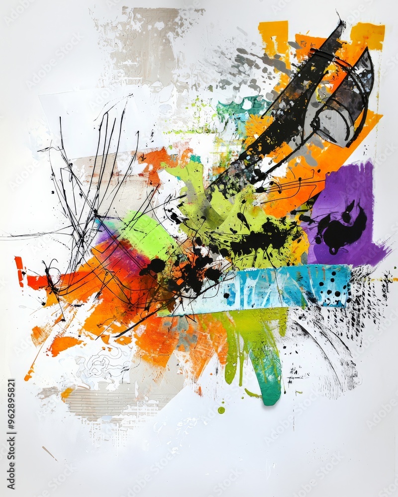 Mixed media collage on white background, creative expression Mixed media collage on white background, creative expression