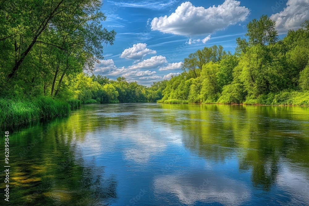 Obraz premium Blue sky, white clouds reflected in calm river.