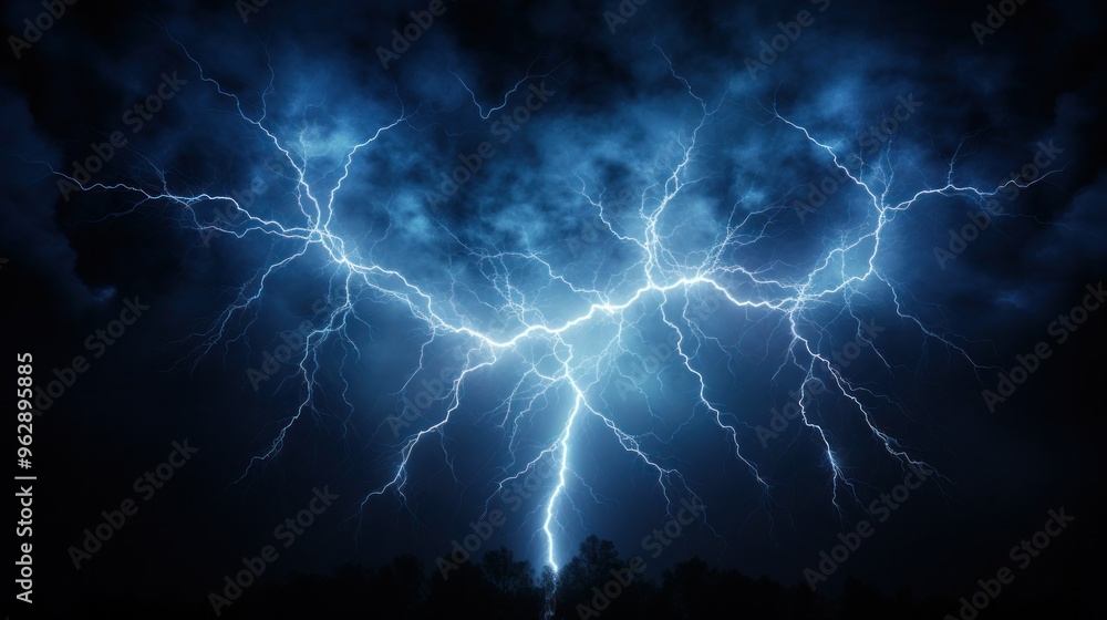 Fototapeta premium Blue lightning branches out against a dark background. Lightning. Lightning.