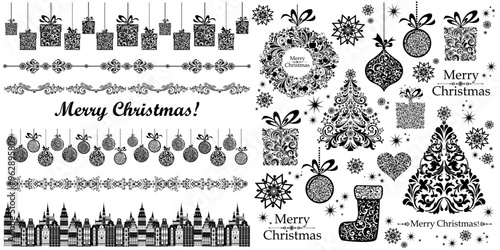 Set of christmas icons. Holiday symbol. Xmas icons collection. Christmas decoration set - lots of calligraphic elements, bits and pieces to embellish your holiday layouts.  Happy New Year. 