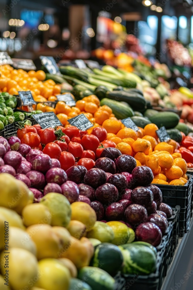 A variety of fresh, organic fruits and vegetables lined up in the stalls are perfect for healthy eating ideas. A variety of fresh, organic fruits and vegetables lined up in the stalls are perfect for healthy eating ideas.