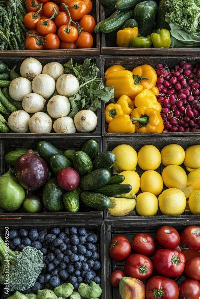 A variety of fresh, organic fruits and vegetables lined up in the stalls are perfect for healthy eating ideas. A variety of fresh, organic fruits and vegetables lined up in the stalls are perfect for healthy eating ideas.
