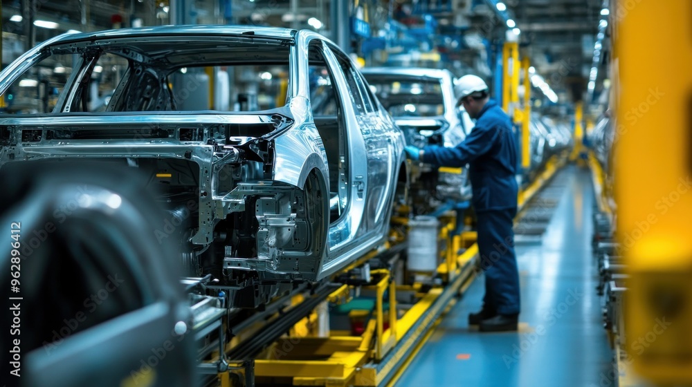 Automotive factory engineers oversee the assembly line production of automobiles in the manufacturing process. Car manufacturing factory with modern technology Automotive factory engineers oversee the assembly line production of automobiles in the manufacturing process. Car manufacturing factory with modern technology