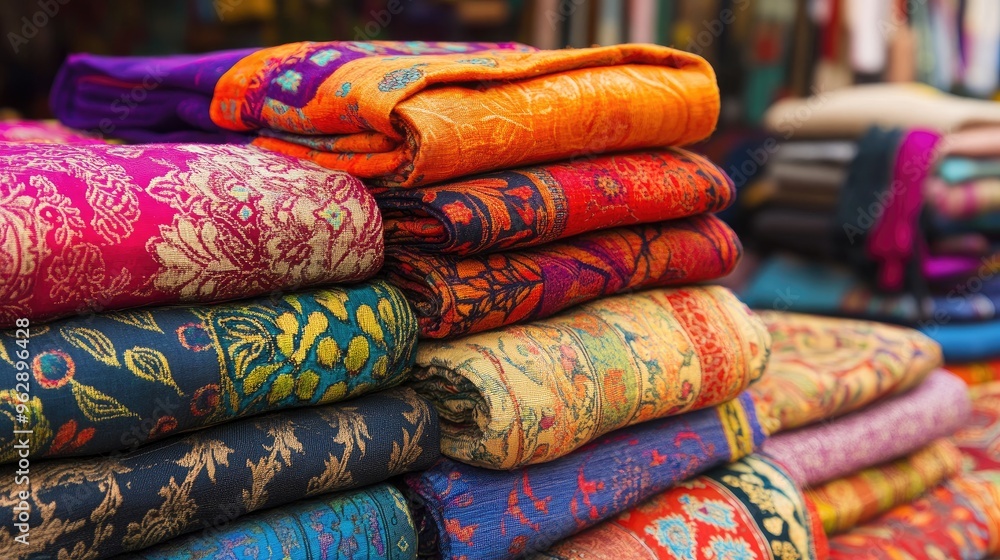 Stacks of vibrant textiles in an Indian market, displaying colorful patterns and traditional fabrics Stacks of vibrant textiles in an Indian market, displaying colorful patterns and traditional fabrics