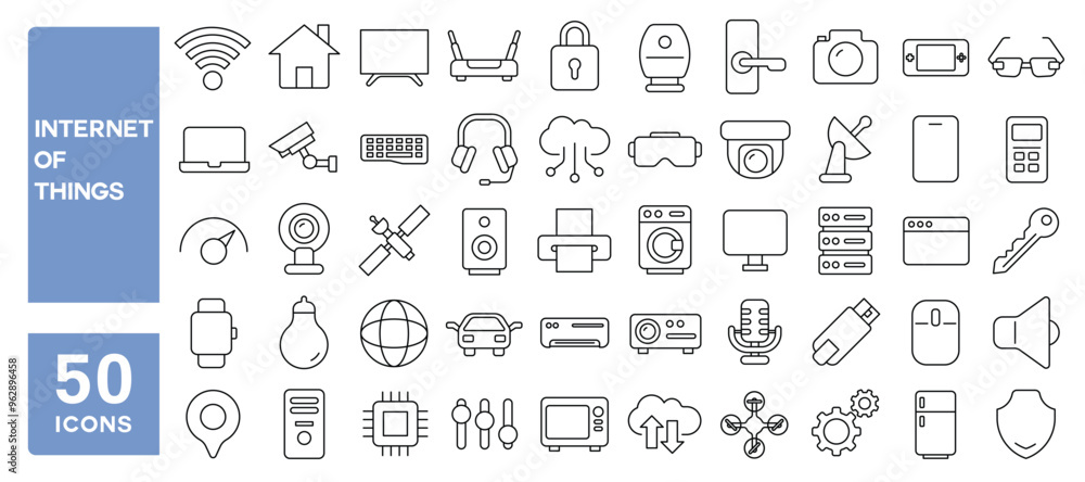 Set of 50 line icons related to internet of things, gadgets, smart, technology, surveillance, sensor, wireless, cloud, data, network, Editable stroke. Vector illustration Set of 50 line icons related to internet of things, gadgets, smart, technology, surveillance, sensor, wireless, cloud, data, network, Editable stroke. Vector illustration