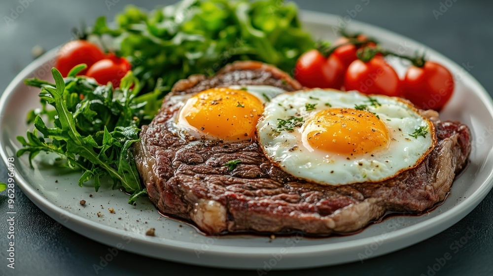 A plate of prime steak served with two fried eggs on a simple white ceramic plate. With side dishes such as green leafy vegetables and tomatoes. A plate of prime steak served with two fried eggs on a simple white ceramic plate. With side dishes such as green leafy vegetables and tomatoes.