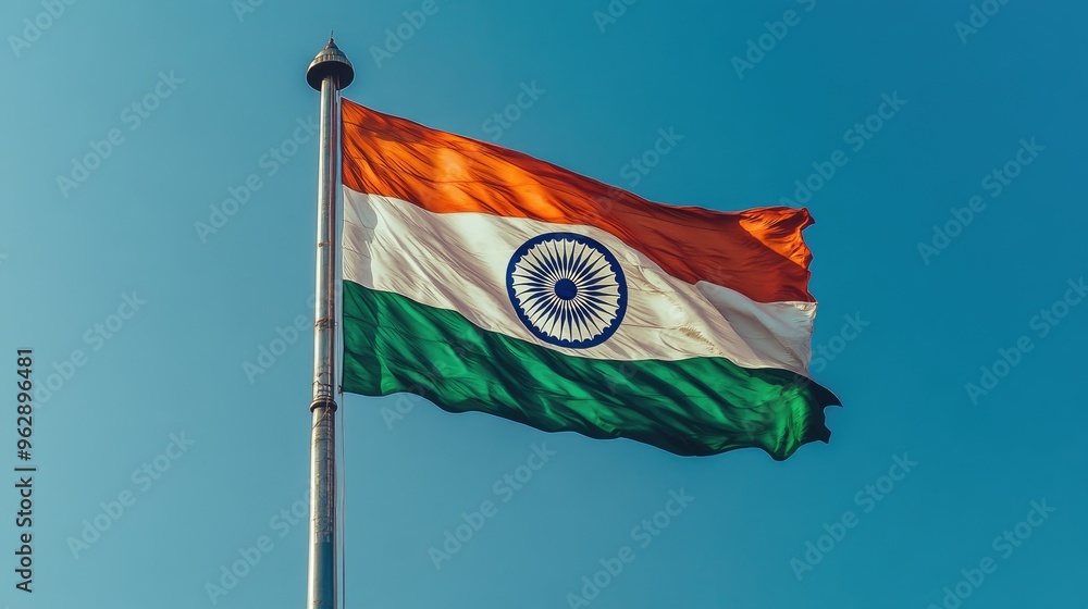 Naklejka premium The majestic national flag of India flutters against a clear blue sky, symbolizing pride and patriotism. Indian Independence Day