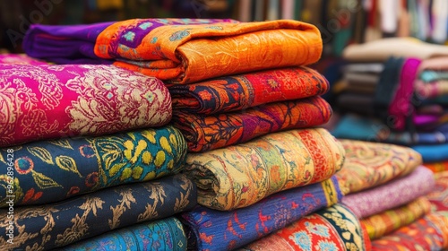 Stacks of vibrant textiles in an Indian market, displaying colorful patterns and traditional fabrics