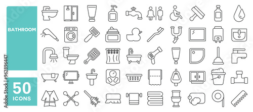 Set of 50 line icons related to bathroom, bath, toilet, bidet, mirror, tap, shower, wash basin, soap, shampoo, comb, cream, Editable stroke. Vector illustration