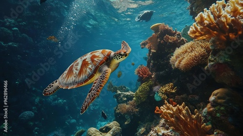 Sea turtle swimming near coral reef in blue water.