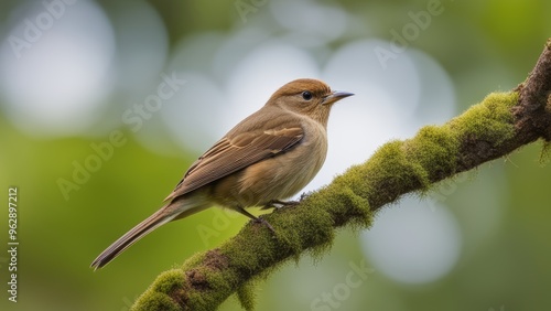 A small warbler perched on a branch looking towards something in a softly blurred outdoor setting with green foliage.