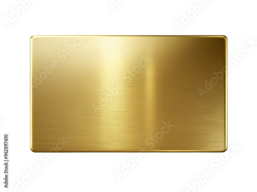 Rectangular gold metal plate with a smooth, polished surface and rounded edges, showcasing a reflective finish. Ideal for design and branding purposes. Isolated on transparent background, png.