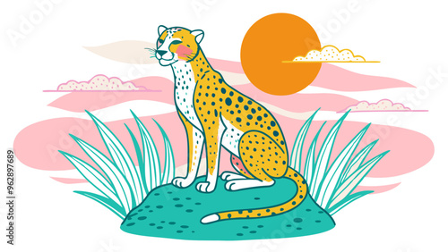 Colorful Illustrated Cheetah in a Vibrant Sunset Landscape