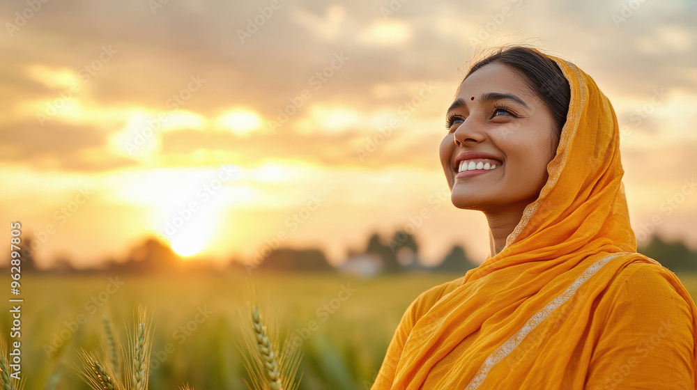 Youthful happy Indian farmer woman smiling at the rainfall in her vast ...