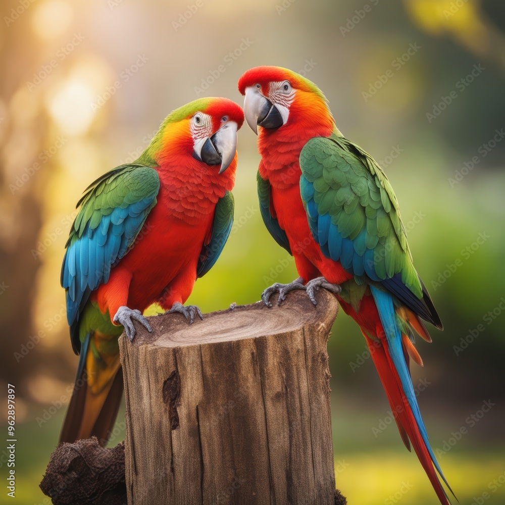 Two colorful macaws face each other on a wooden stump their beaks touching in apparent mutual preening behavior. Two colorful macaws face each other on a wooden stump their beaks touching in apparent mutual preening behavior.
