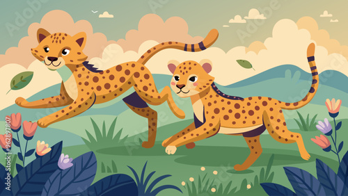 Playful Cheetah Cubs Frolicking in a Vibrant Savannah Landscape