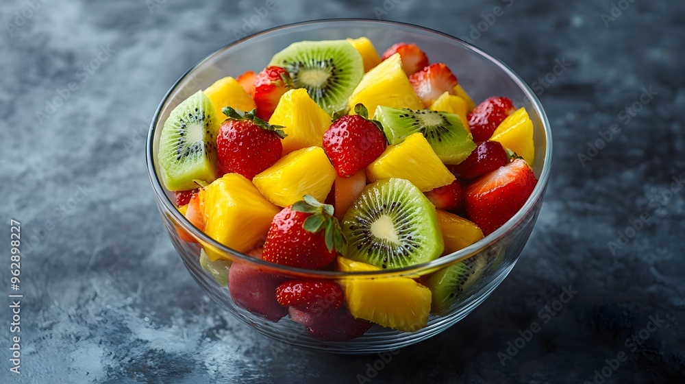 8. A colorful fruit salad with strawberries, kiwi, pineapple, and mango in a glass bowl 8. A colorful fruit salad with strawberries, kiwi, pineapple, and mango in a glass bowl