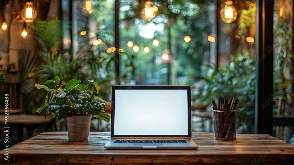 Laptop with blank white screen on wooden table in coffee shop background Laptop with blank white screen on wooden table in coffee shop background