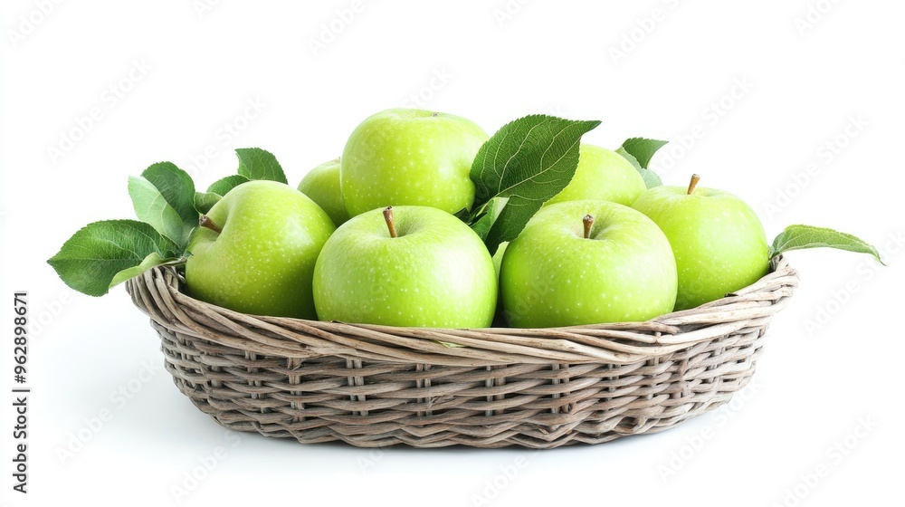 Fresh Green Apples in a Wicker Basket with Leaves - A Delightful Summer Treat Fresh Green Apples in a Wicker Basket with Leaves - A Delightful Summer Treat