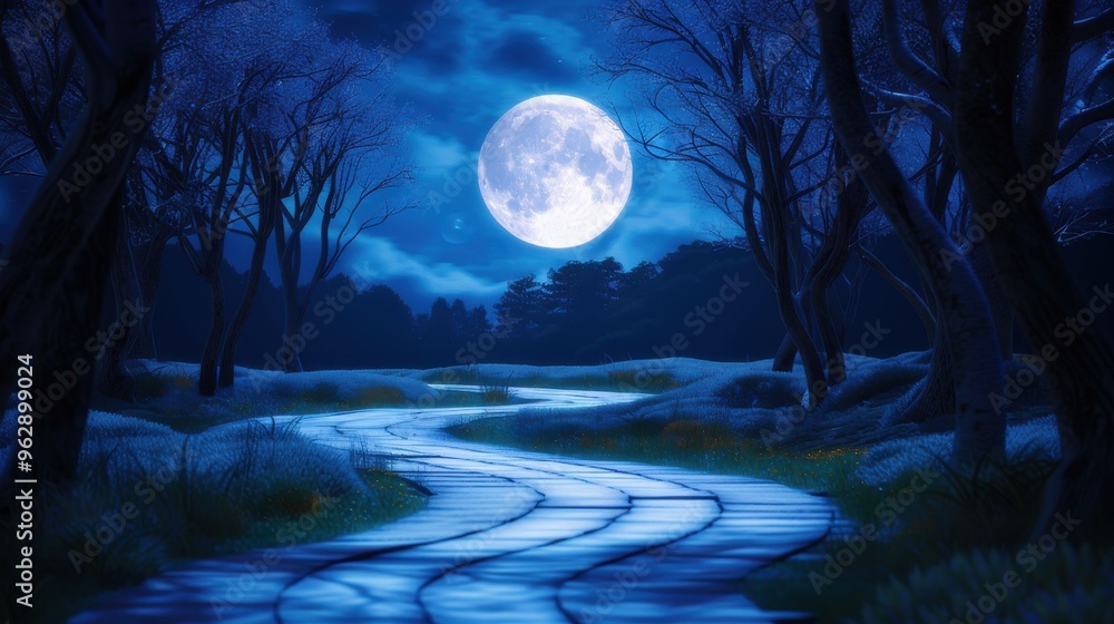 Fototapeta premium Moonlit Pathway in Enchanted Forest at Night