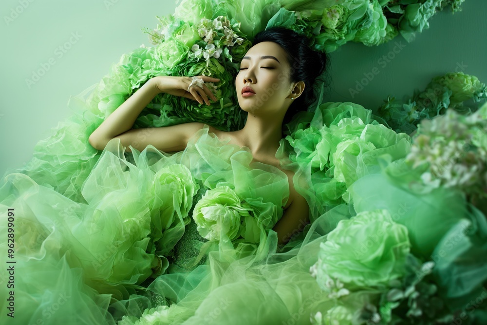 Asian woman relaxes surrounded by green flowers. Elegant dress matches flower colors. Hands on head, closed eyes suggest deep relaxation. High-end fashion photo concept. Asian woman relaxes surrounded by green flowers. Elegant dress matches flower colors. Hands on head, closed eyes suggest deep relaxation. High-end fashion photo concept.