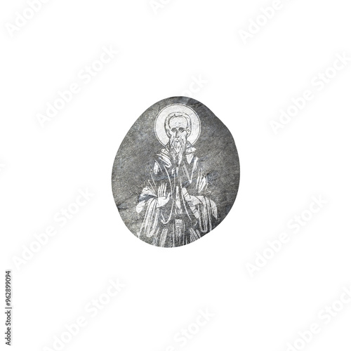 Christian illustration of Saint Petrit Korishes in Byzantine style. Decorative scrapbook element on pebble isolated