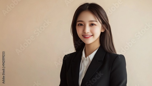 close-up of smiling attractive asian business woman wearing black suit on light beige background 