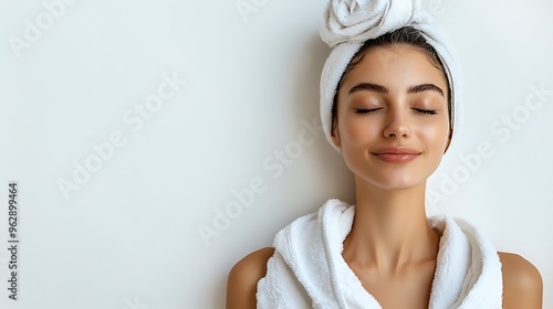 A beautiful woman wrapped in a white towel after a shower exudes freshness and tranquility in a moment of quiet elegance.