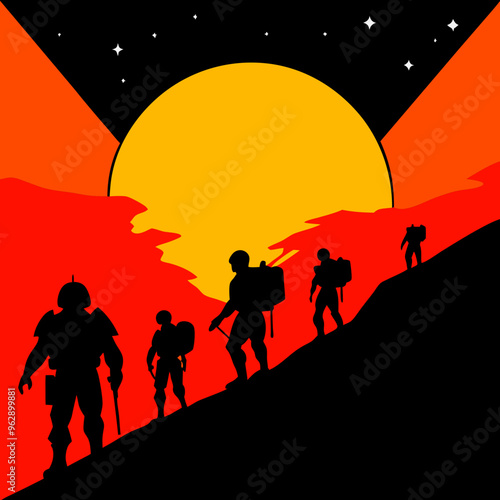 Star Commander vector, Astronauts climbing a mountain silhouette against a vibrant sunset and starry sky