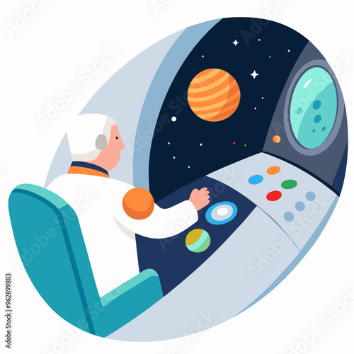 Star Commander, Astronaut at a control panel viewing a distant planet through a spaceship window