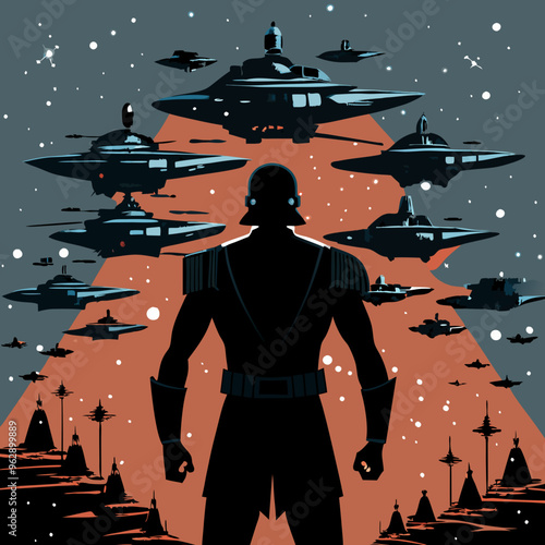Star Commander, Silhouette of a warrior facing an armada of alien spaceships against a cosmic backdrop