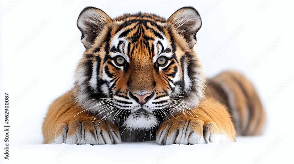 Fototapeta premium Close-up of a tiger cub lying in the snow with its paws in front of it, looking directly at the camera.