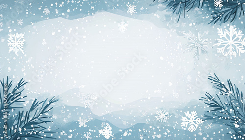  A winter wonderland scene with falling snowflakes, pine branches, and a soft blue background.

