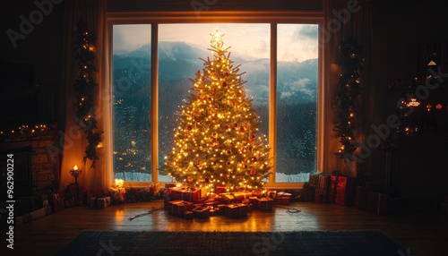 Christmas Tree by Window with Mountain View