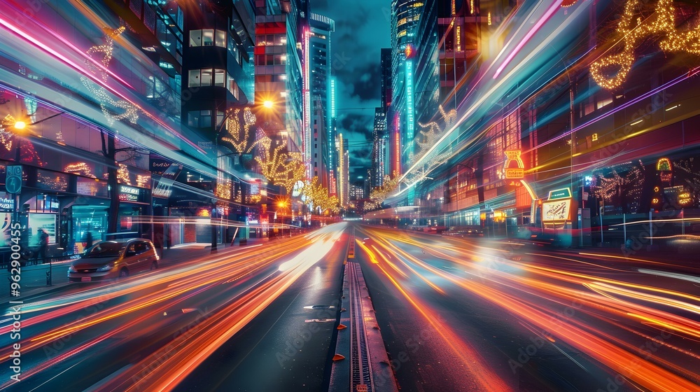 Vibrant Cityscape at Night with Light Trails Vibrant Cityscape at Night with Light Trails