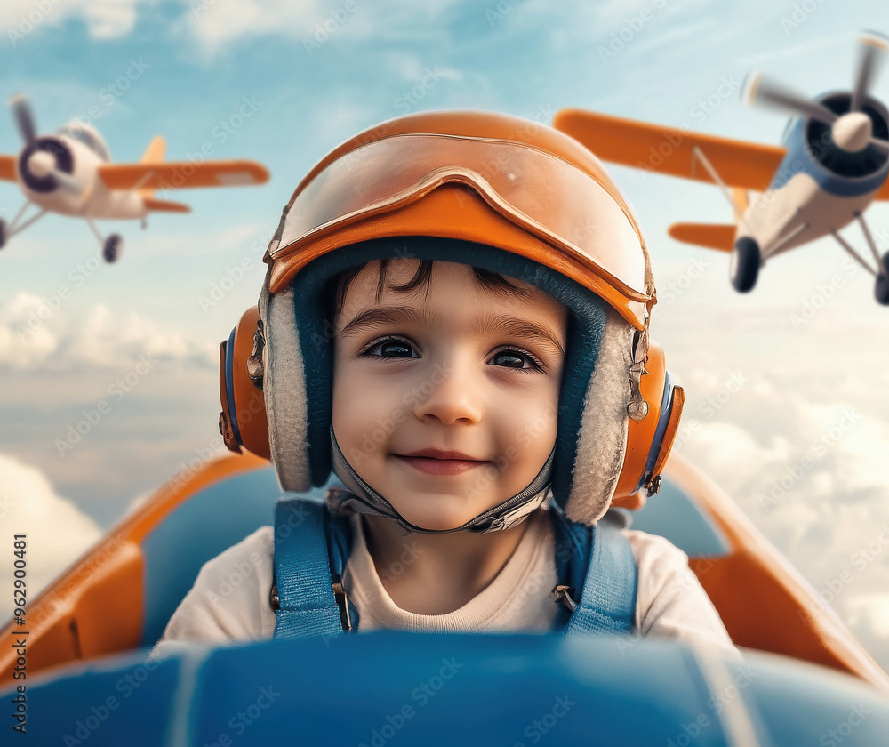 A cute little indian boy wearing an airplane pilot helmet is sitting in the cockpit A cute little indian boy wearing an airplane pilot helmet is sitting in the cockpit