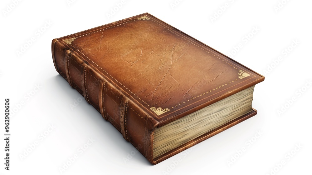 A closed book with a realistic leather cover and spine details on a white background. A closed book with a realistic leather cover and spine details on a white background.