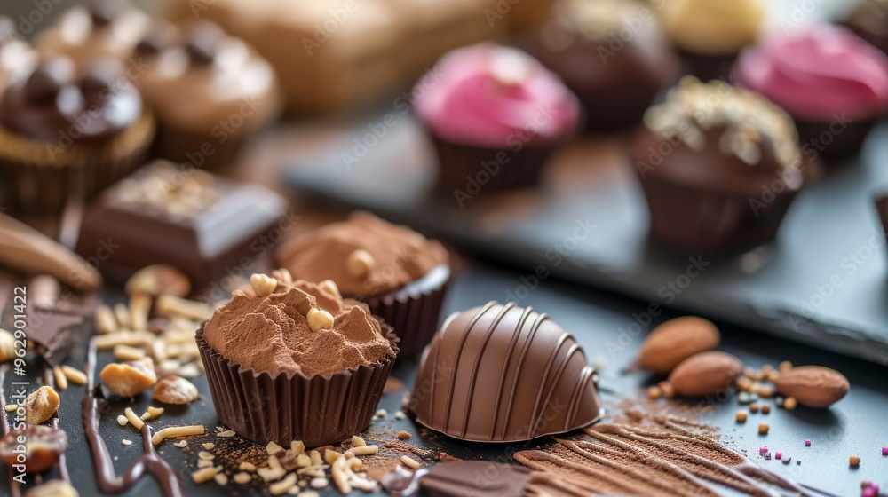 A delightful assortment of gourmet chocolate truffles and nut-topped treats. The image captures the luxurious and tempting appeal of these handmade chocolates, ideal for gift ideas and chocolate A delightful assortment of gourmet chocolate truffles and nut-topped treats. The image captures the luxurious and tempting appeal of these handmade chocolates, ideal for gift ideas and chocolate